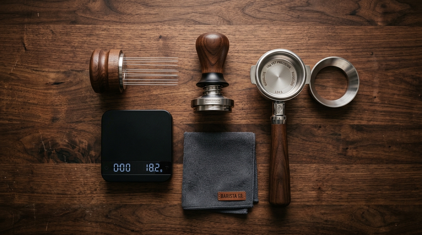 A neatly arranged set of espresso accessories on a wood counter: stainless steel tamper, digital scale, WDT distribution tool, precision basket, and naked portafilter