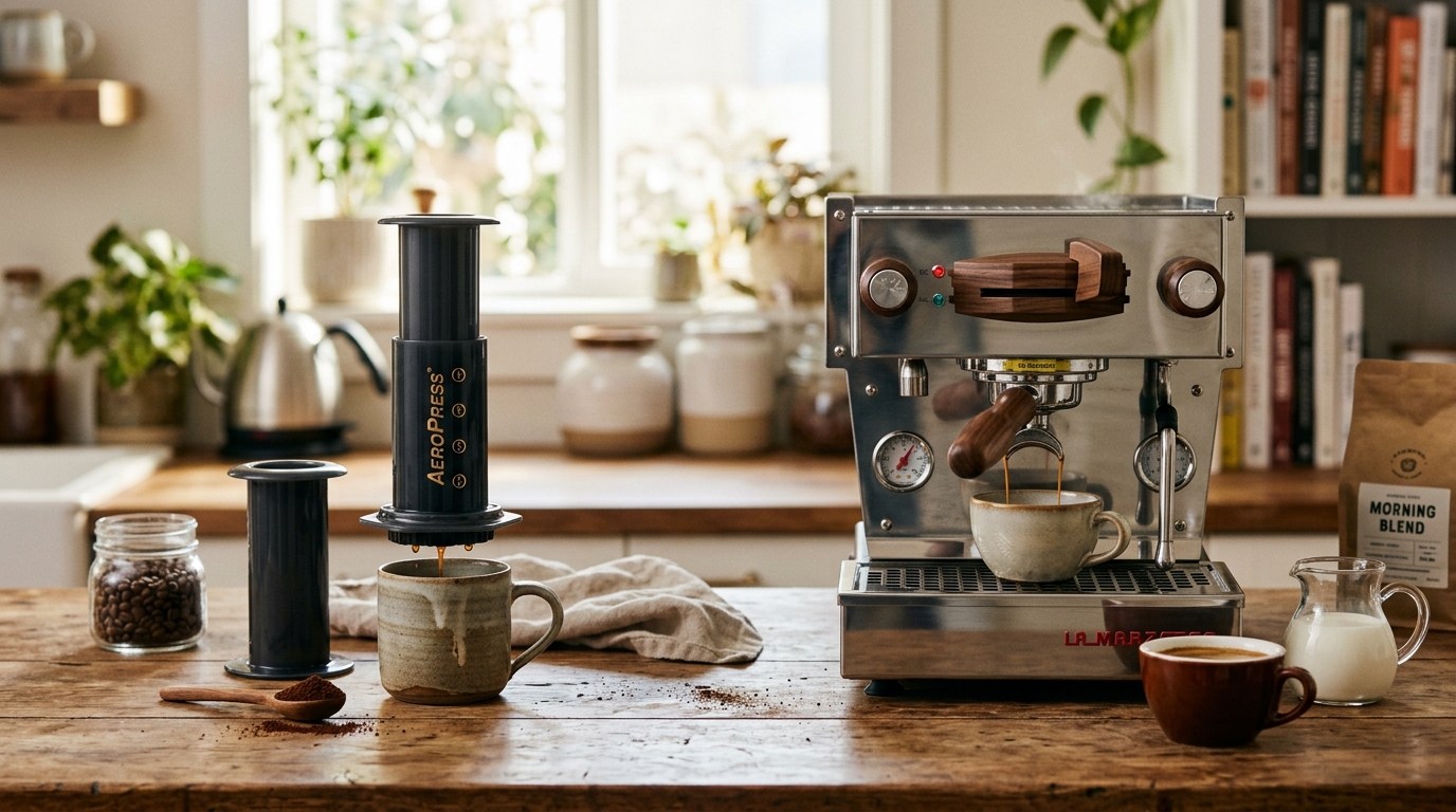 An AeroPress brewer next to a home espresso machine pulling a shot into a small ceramic cup on a kitchen counter