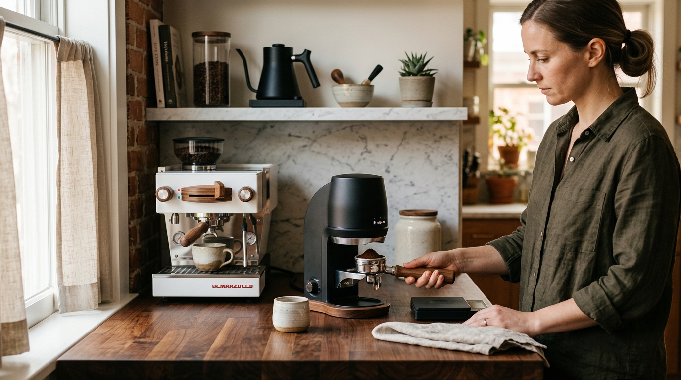 Electric automatic espresso tamper pressing grounds into a portafilter on a marble counter beside a commercial espresso machine