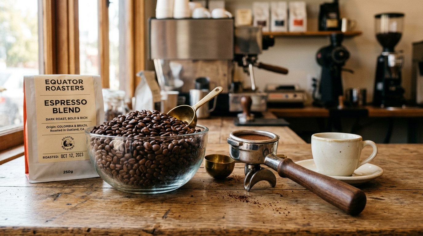 Freshly-roasted espresso beans in a glass bowl beside a portafilter and espresso cup on a wood counter
