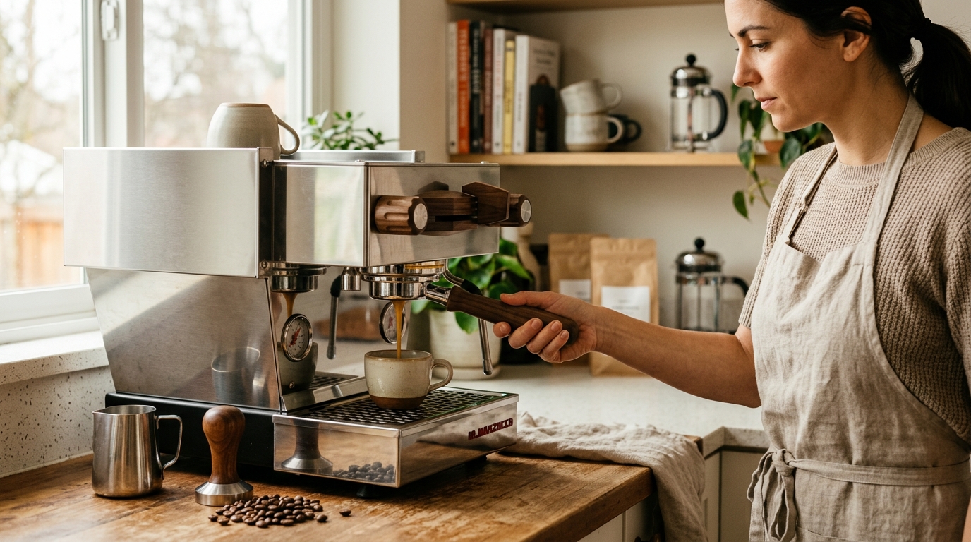 Bottomless portafilter with espresso flowing in two clean parallel streams from the exposed basket into a white espresso cup on a marble counter
