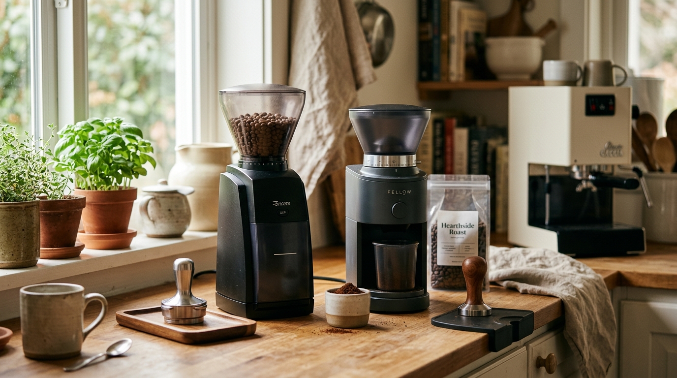Budget espresso grinders lined up on a kitchen counter beside a portafilter filled with freshly ground coffee