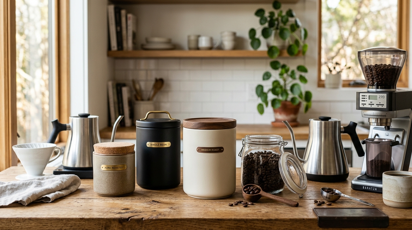 Three stainless steel airtight coffee canisters beside whole coffee beans on a clean kitchen counter