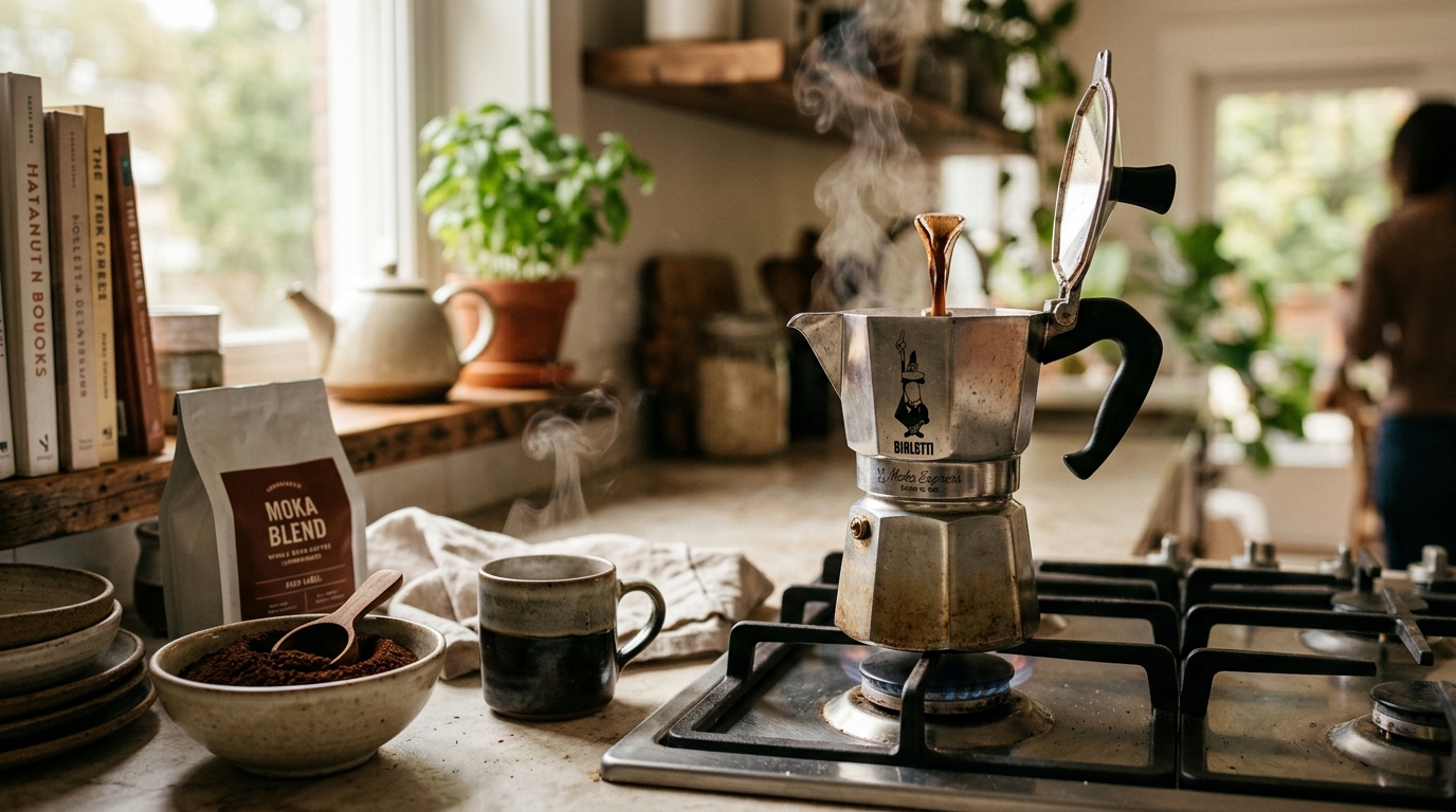 A stainless steel moka pot on a gas stovetop next to a bag of dark roast Italian coffee and a filled espresso cup on a wooden counter