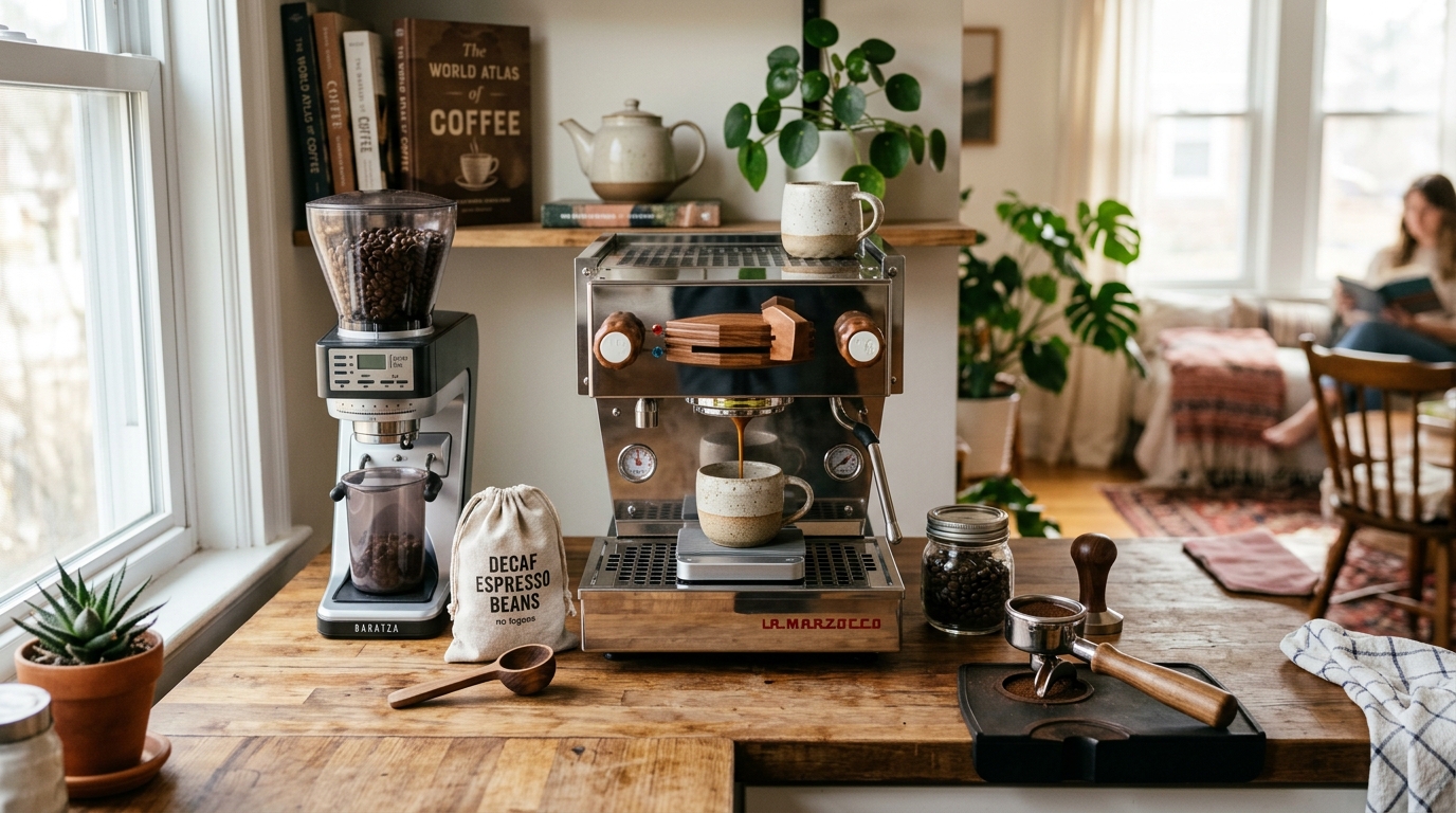 Freshly roasted decaf espresso beans poured from a kraft bag onto a wooden surface beside a portafilter and espresso machine