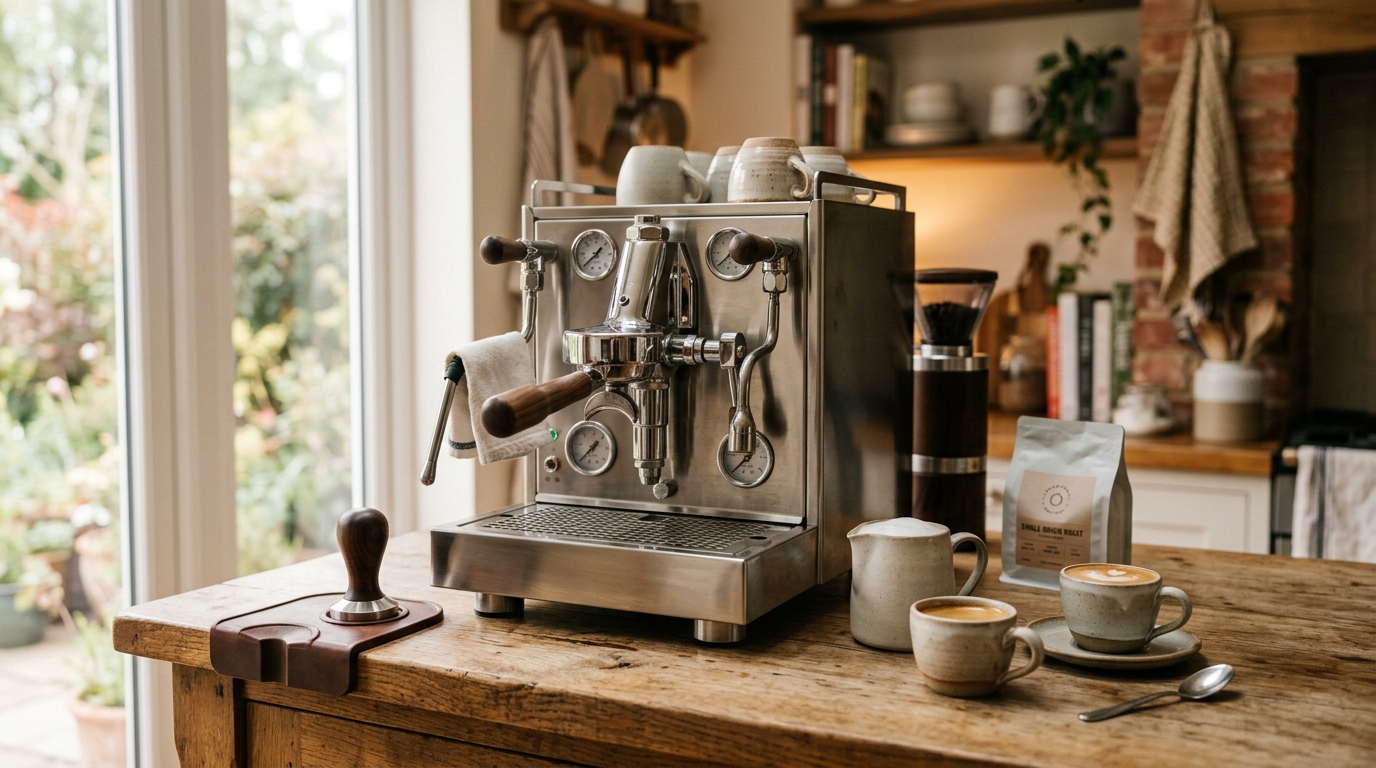 Dual boiler espresso machine pulling a rich espresso shot while steam wand textures milk simultaneously on a kitchen counter