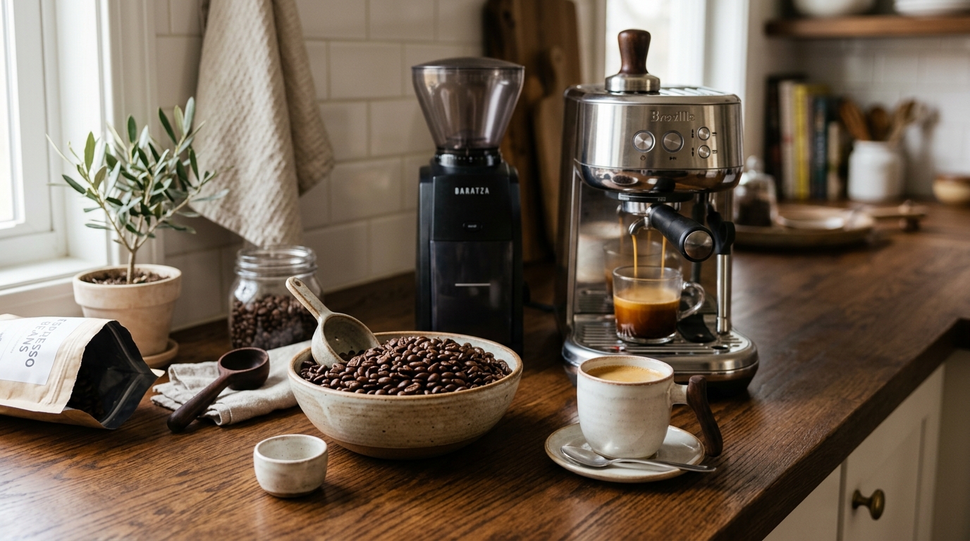 Four bags of beginner-friendly espresso beans beside a home espresso machine pulling a rich crema-topped double shot into a white demitasse