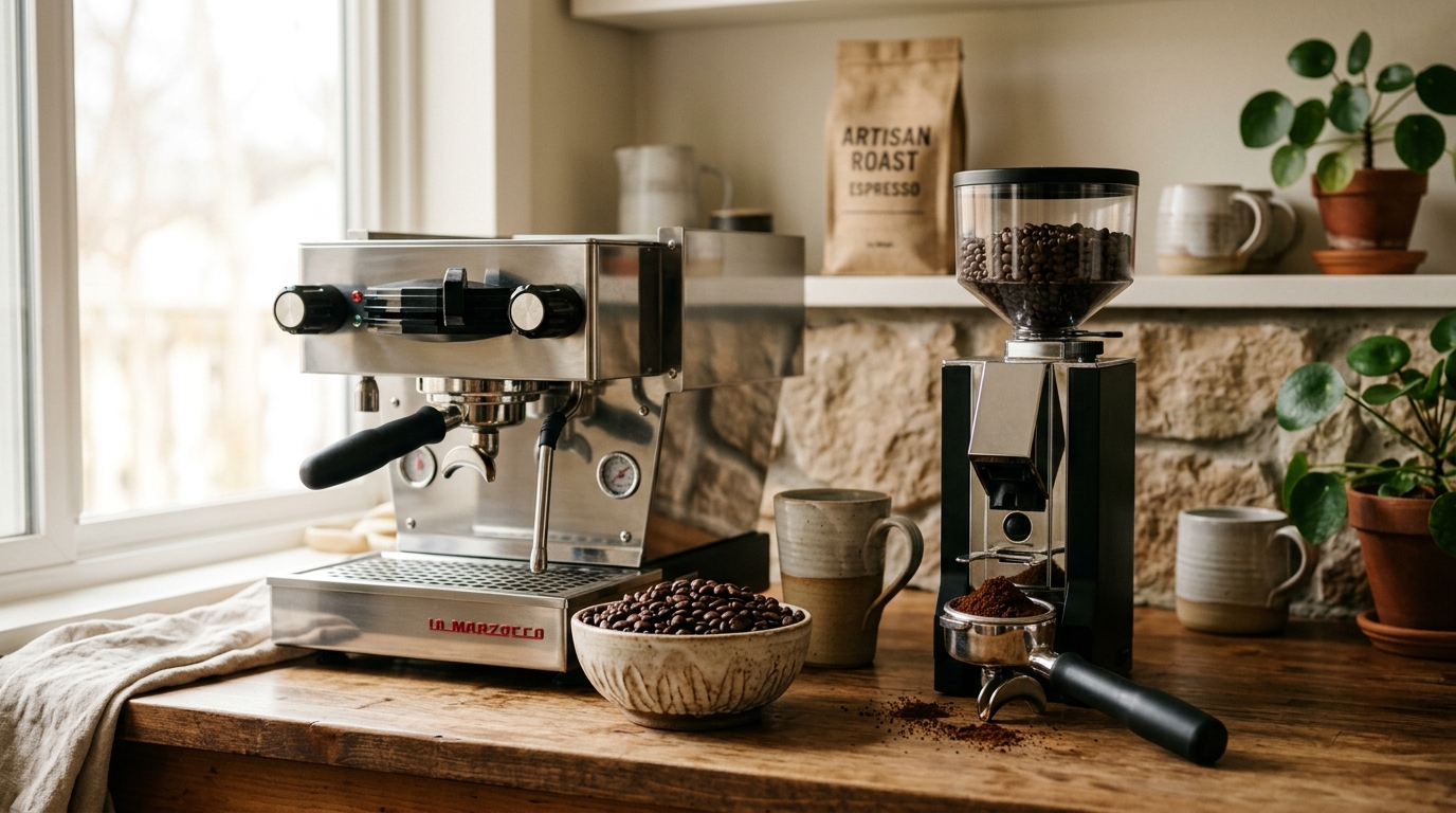 Five bags of specialty espresso beans arranged on a wooden counter beside a latte art cappuccino in a ceramic cup