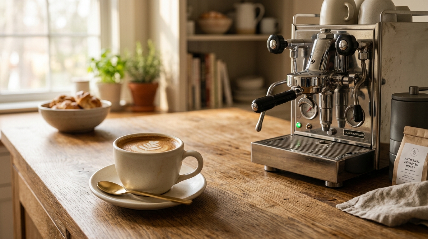 Set of thick-walled porcelain espresso cups and double-walled glass cups arranged on a dark slate surface beside a home espresso machine