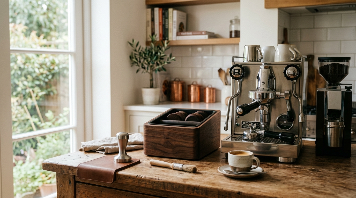 Stainless steel espresso knock box with rubber knock bar on a clean kitchen counter beside a portafilter and spent espresso puck