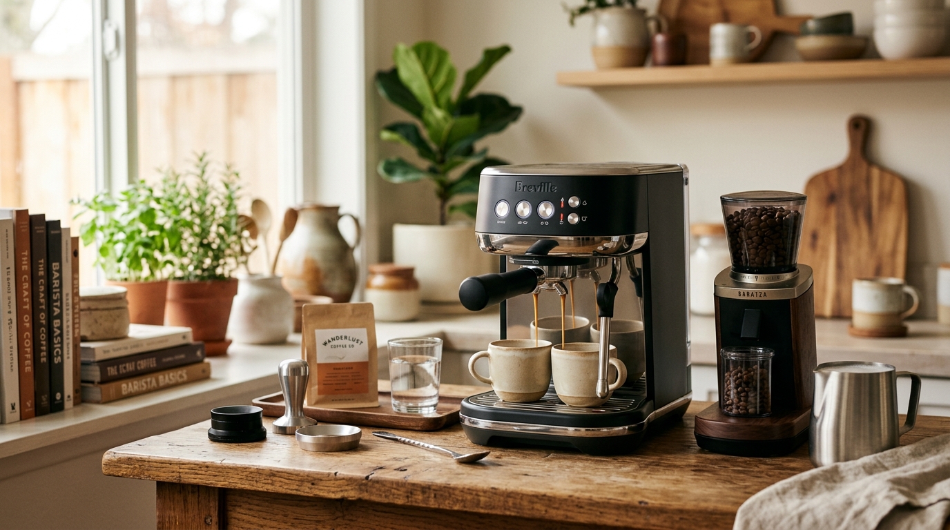 Compact espresso machine on a clean kitchen counter next to a portafilter and small glass of freshly pulled espresso