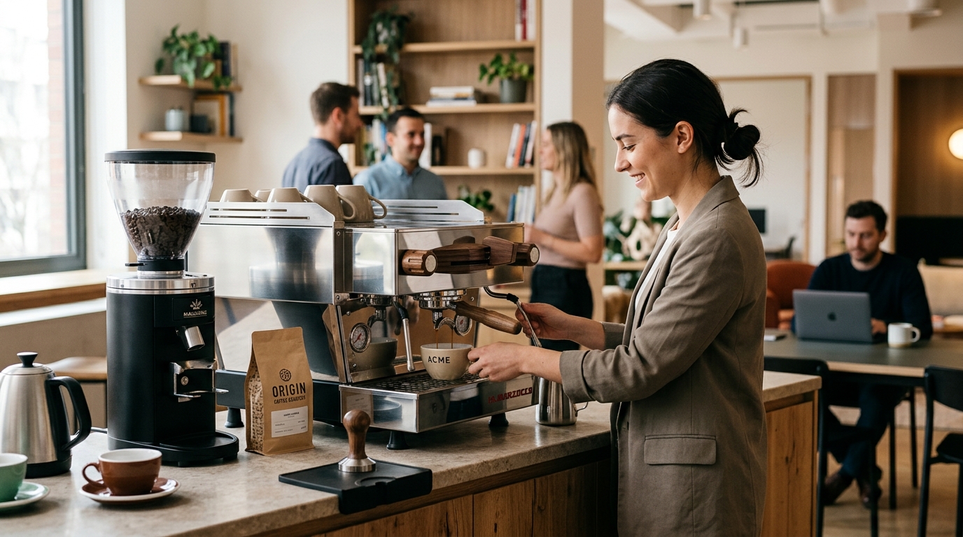 Sleek fully automatic espresso machine on a modern office kitchen counter pulling a rich espresso shot