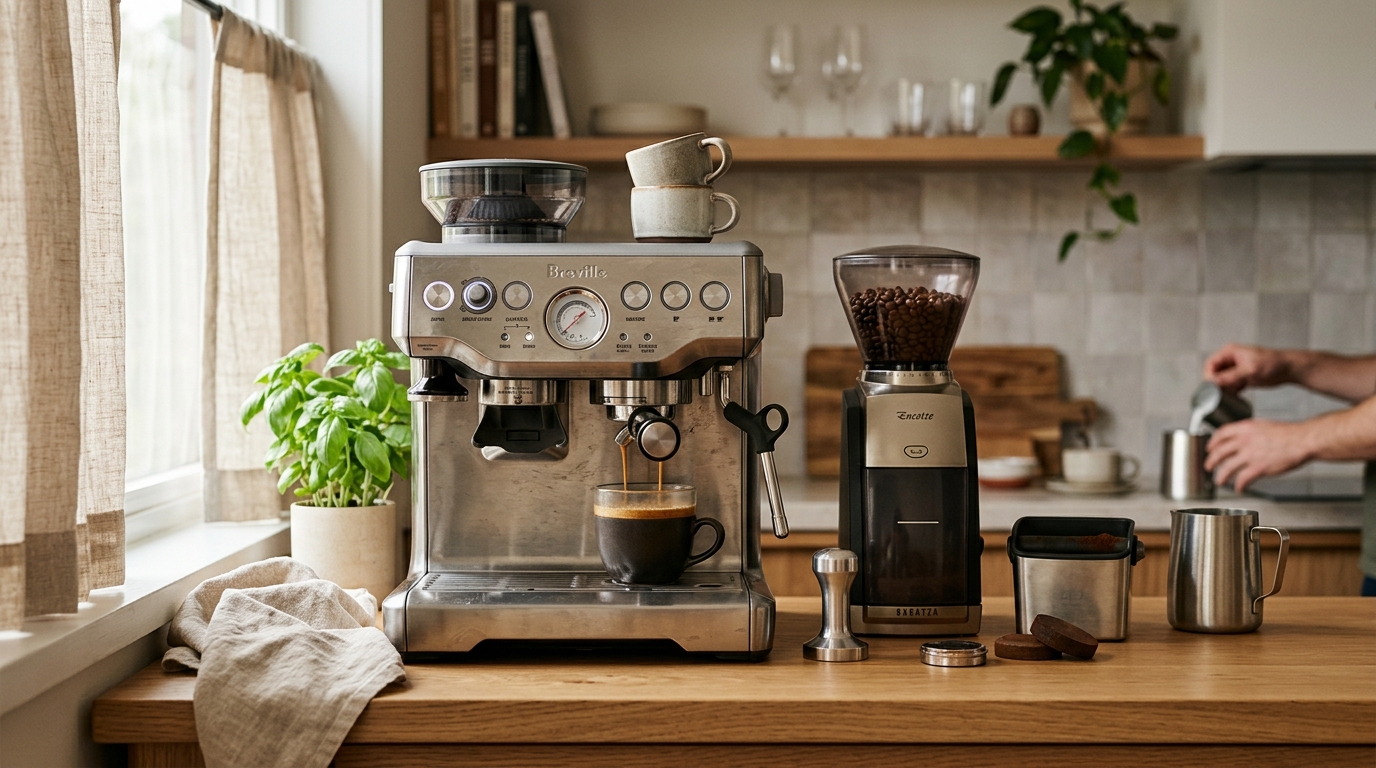 Espresso machine pulling a rich shot with golden crema into a ceramic cup on a home kitchen counter