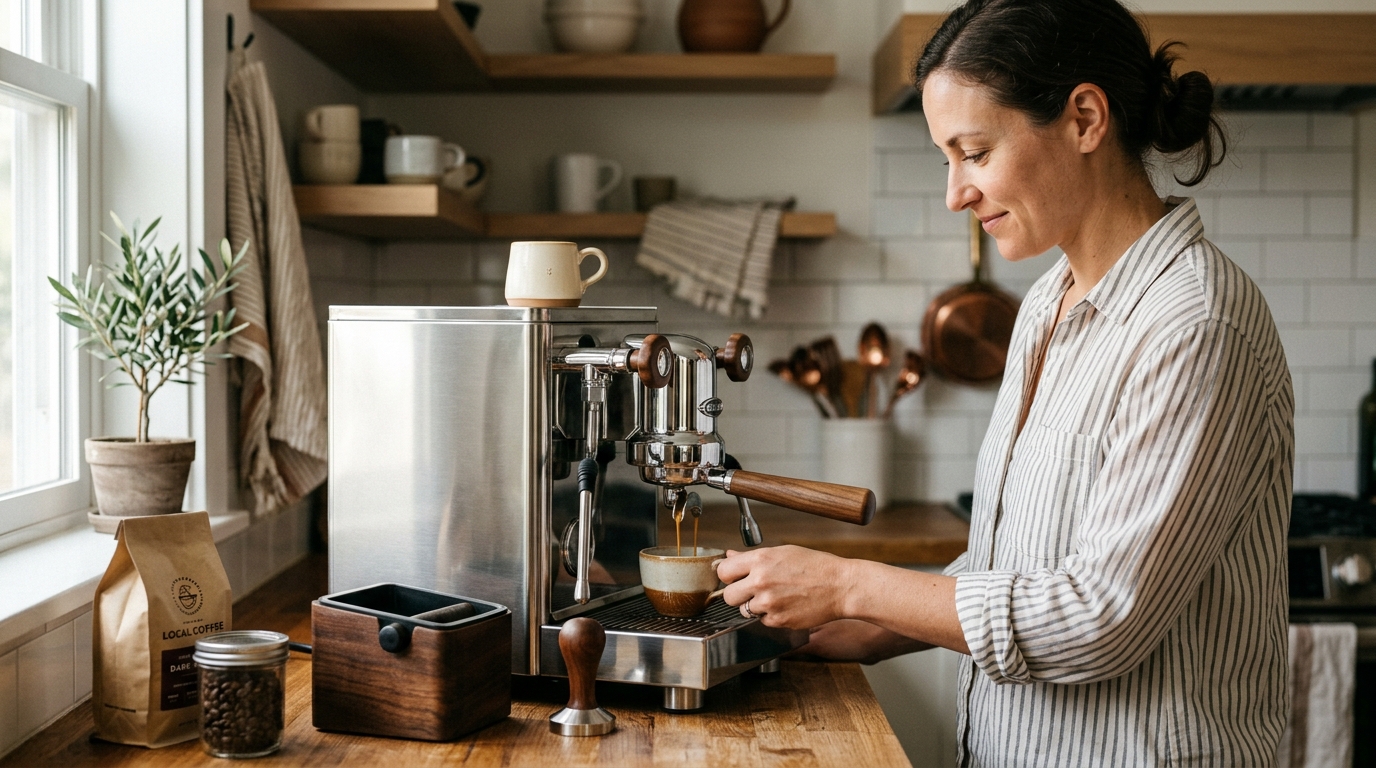 Dual boiler espresso machine pulling a rich espresso shot with golden crema on a marble kitchen counter