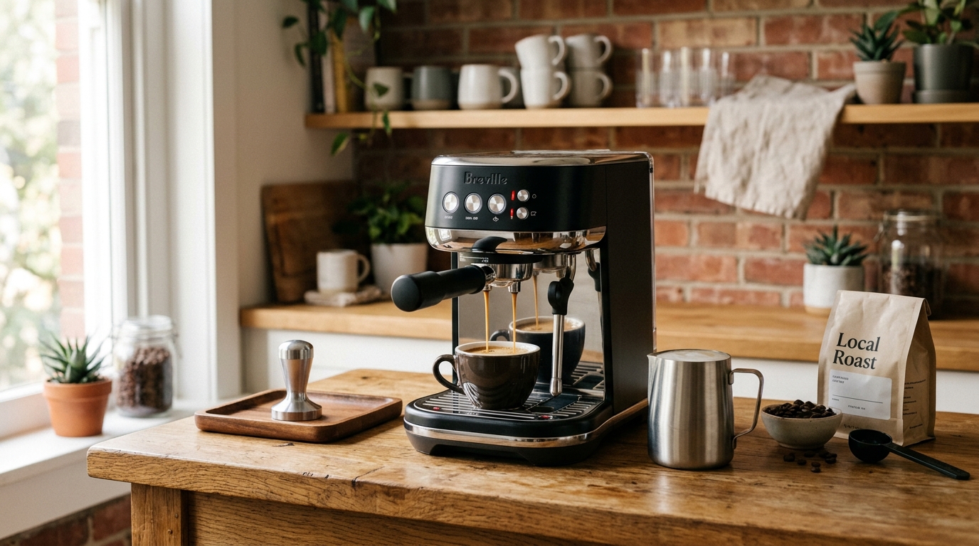 Compact espresso machine pulling a rich shot into a ceramic cup on a home kitchen counter