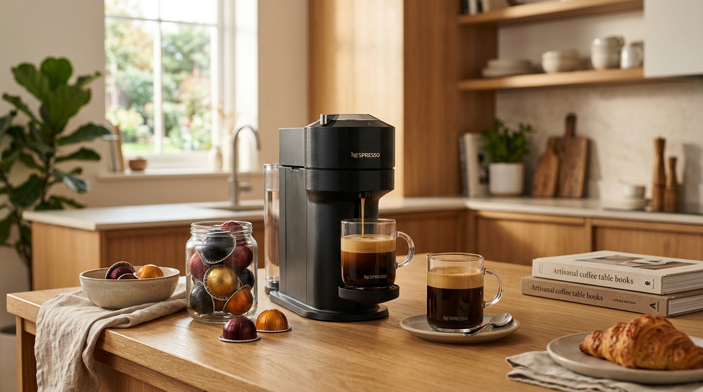 Assorted Nespresso Vertuo capsules arranged by color and intensity on a white kitchen surface