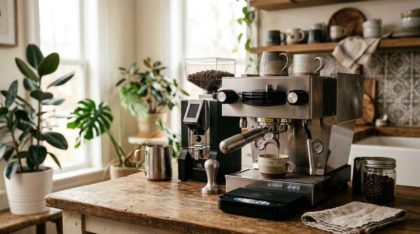 Precision espresso scale on a drip tray catching a double espresso shot in a white ceramic cup on a clean kitchen counter