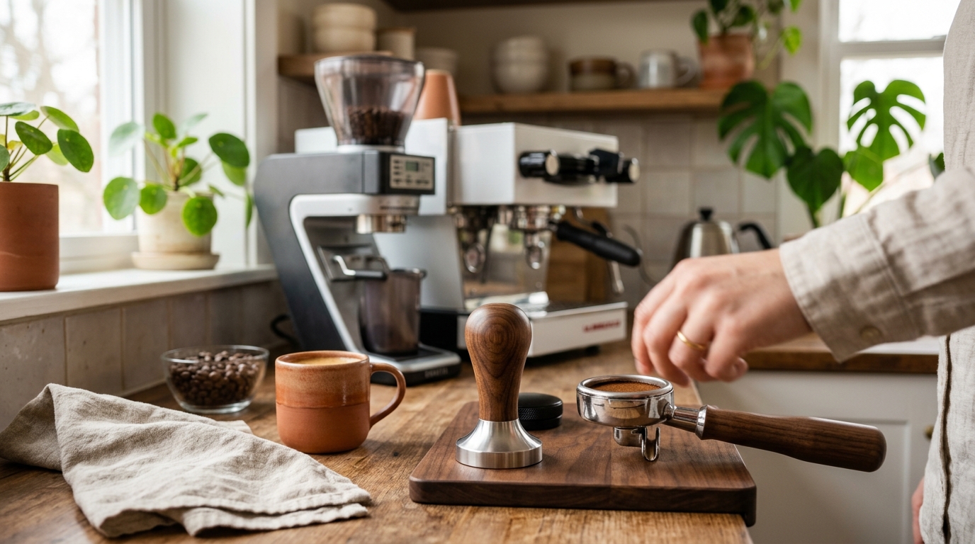 Stainless steel calibrated espresso tamper resting beside a portafilter with freshly distributed grounds on a clean kitchen counter
