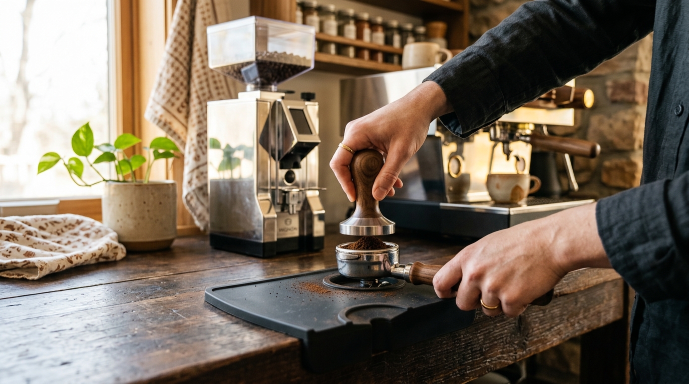 Silicone corner tamping mat on kitchen counter with espresso portafilter resting in the corner guide next to a calibrated tamper