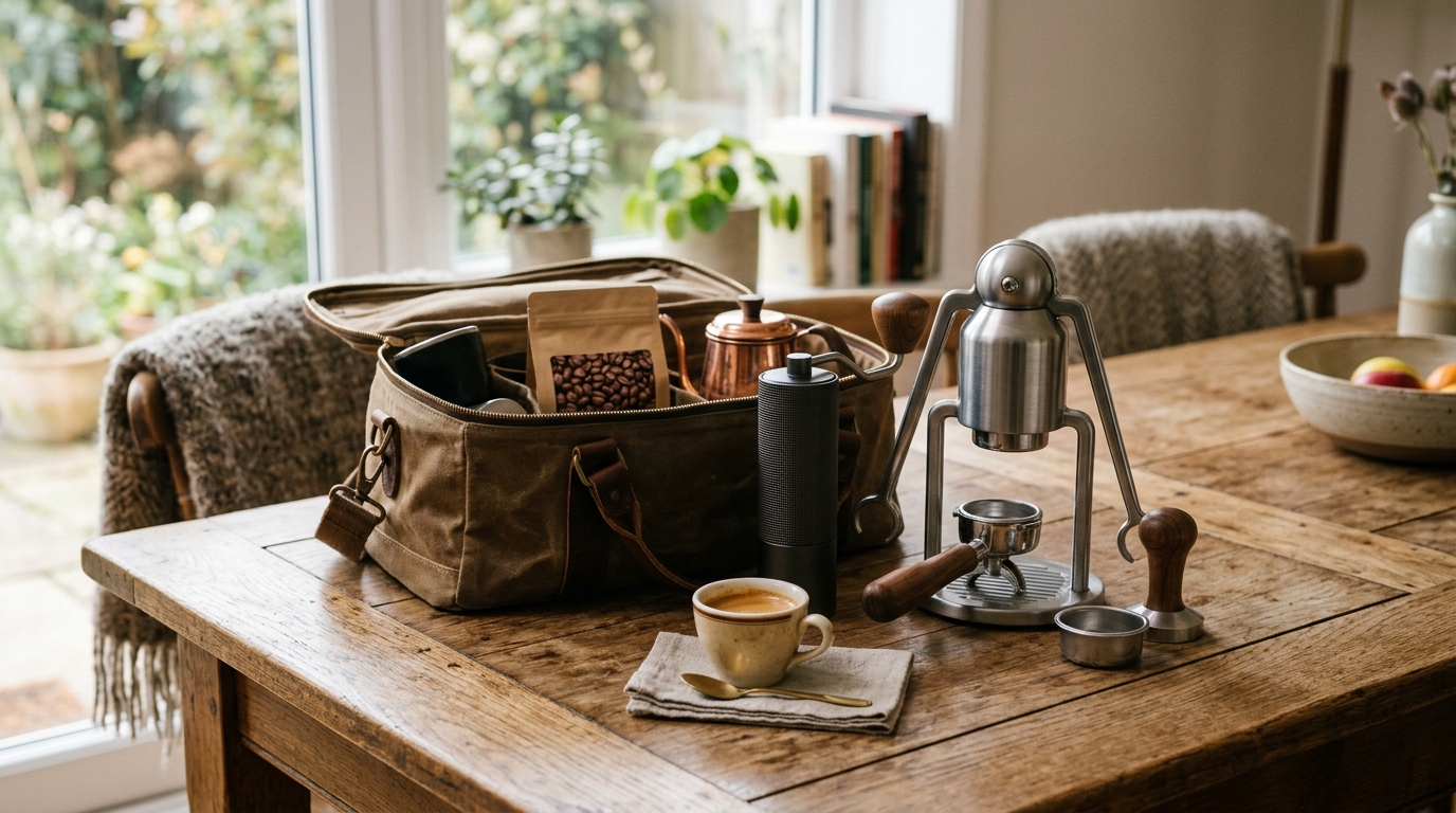 Portable espresso maker and compact hand grinder laid out beside a coffee cup on a wood surface outdoors