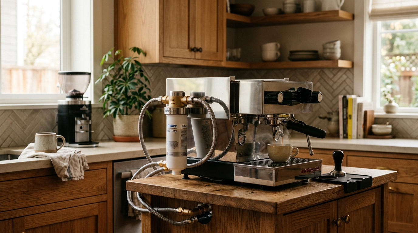BWT Penguin water filter pitcher beside a home espresso machine on a clean kitchen counter