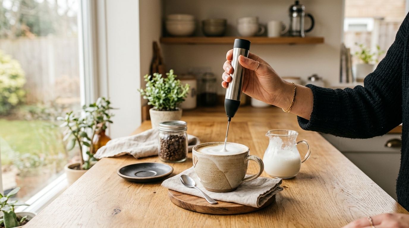 Handheld milk frother wand creating microfoam in a stainless steel pitcher of steamed milk beside a pulled espresso shot