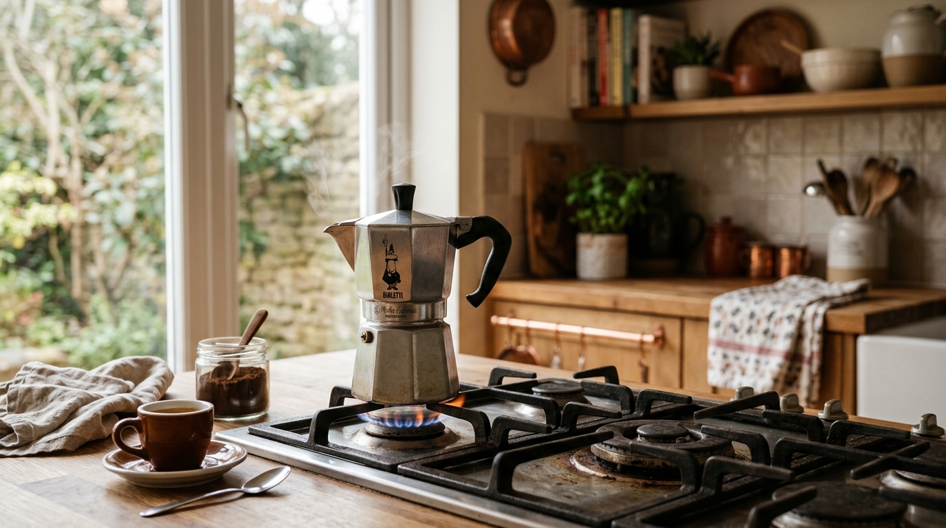 Three Italian moka pots on a gas stovetop in a sun-lit kitchen with espresso cups nearby