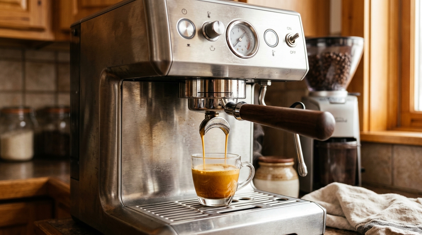Espresso machine pulling a shot with golden crema into a small glass cup