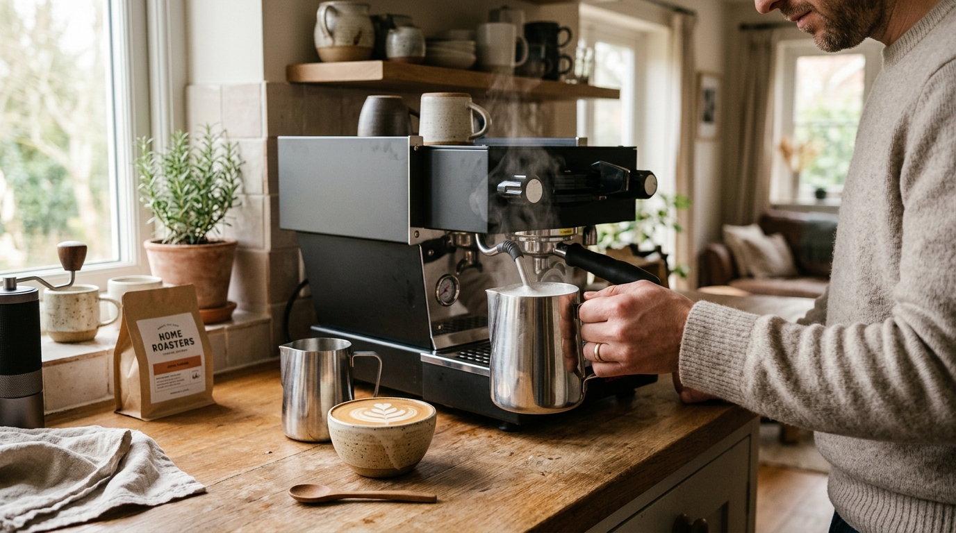 Stainless steel milk pitchers of various sizes arranged beside a home espresso machine on a marble counter, ready for steaming