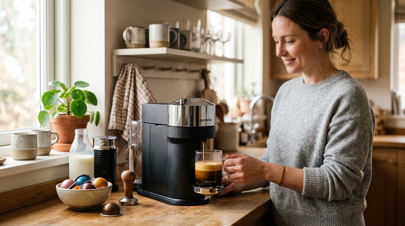 Nespresso Vertuo machine brewing a capsule on a modern kitchen counter