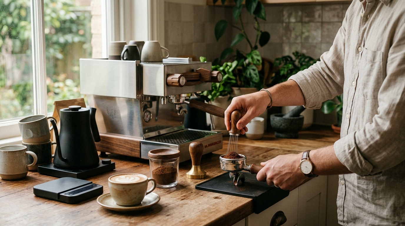 Close-up of a WDT needle tool distributing ground coffee in a portafilter basket on a marble espresso bar counter
