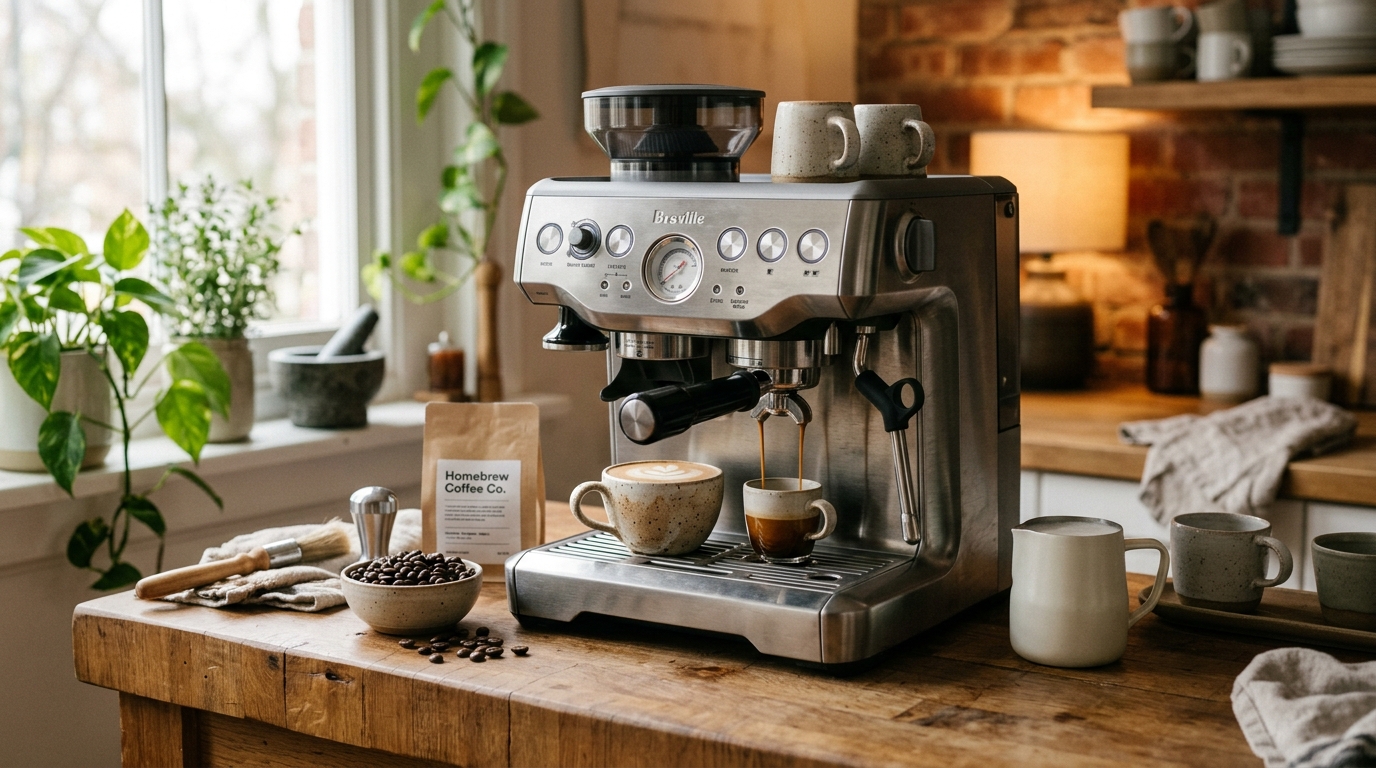 Breville Barista Express BES870XL espresso machine with built-in grinder on a kitchen counter next to a portafilter and freshly pulled espresso
