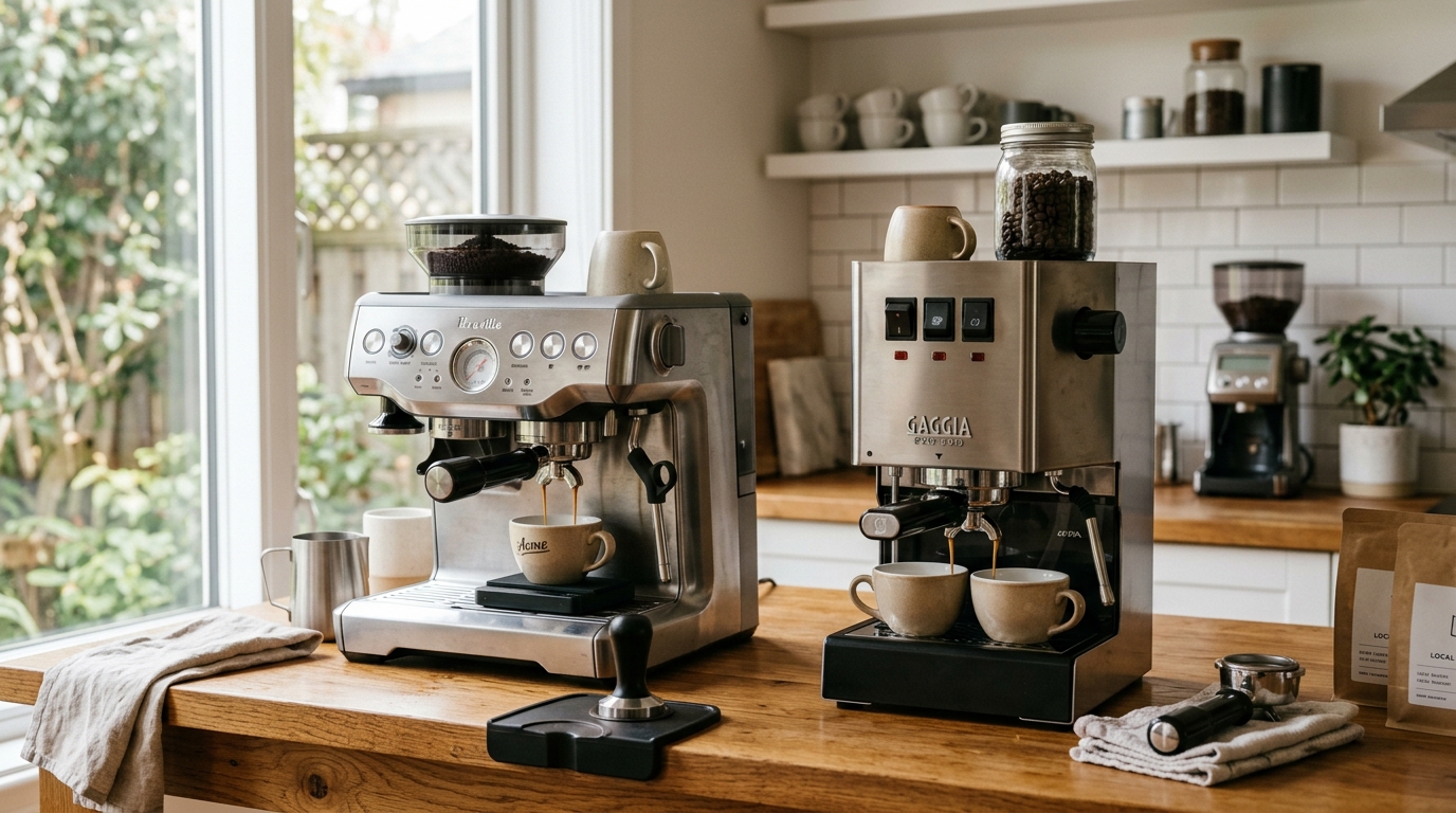 A Breville Barista Express and a Gaggia Classic Pro espresso machine side by side on a kitchen counter with a portafilter and coffee cup
