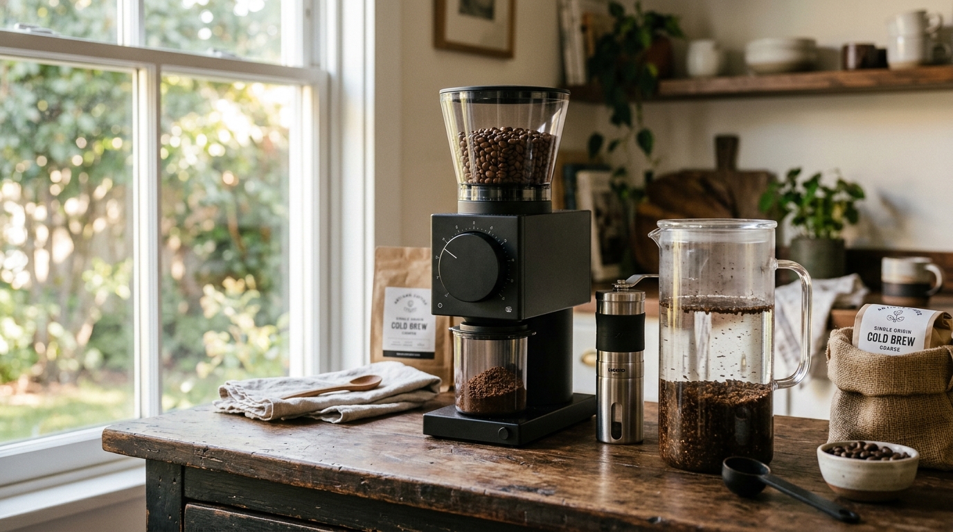 Conical burr grinder dispensing coarsely ground coffee into a large mason jar next to a cold brew pitcher on a wood counter