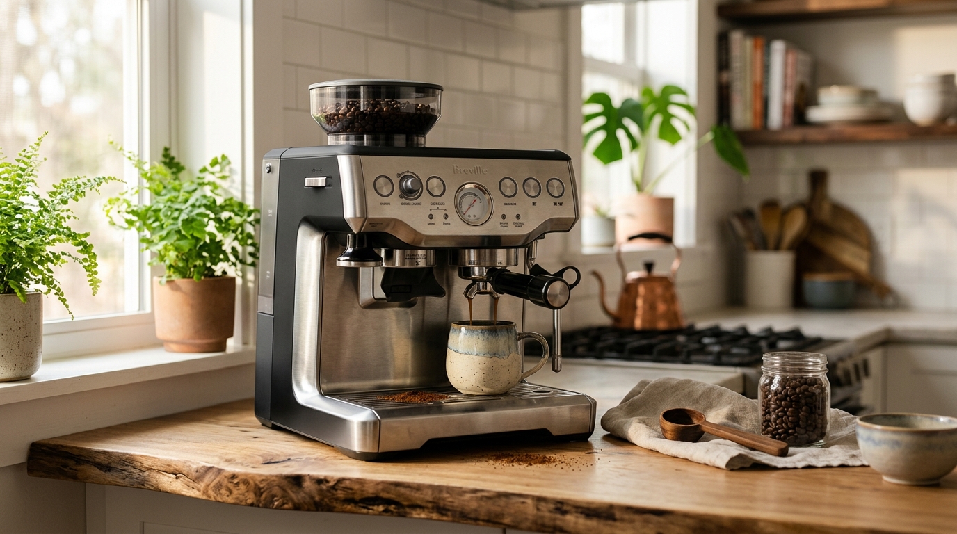 Breville Grind Control coffee maker with built-in burr grinder brewing fresh coffee into a thermal carafe on a kitchen counter