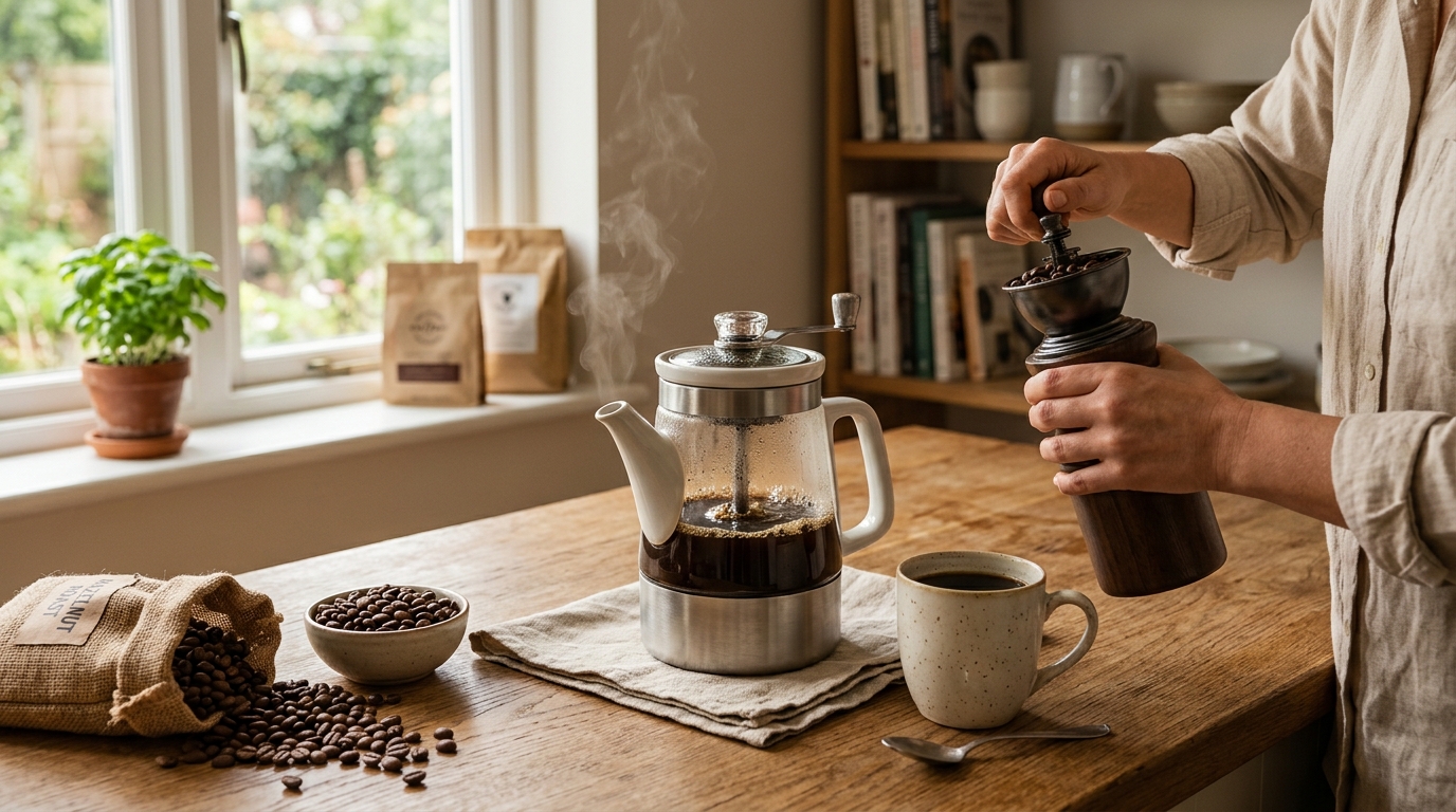 Stainless steel electric coffee percolator next to a burr grinder and whole bean coffee on a kitchen counter