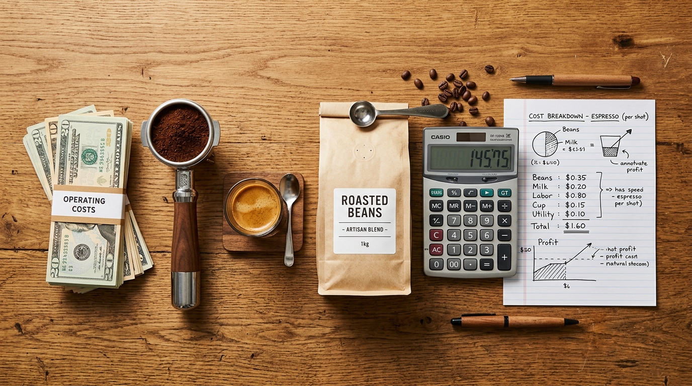 Flat lay of espresso budget materials: dollar bills, portafilter, espresso shot, calculator, cost breakdown sketch