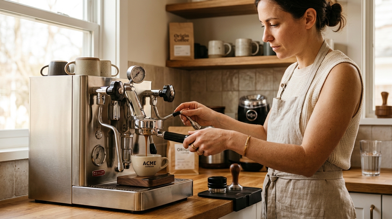 Bottomless portafilter showing uneven extraction with espresso streaming from one side of the basket during a shot
