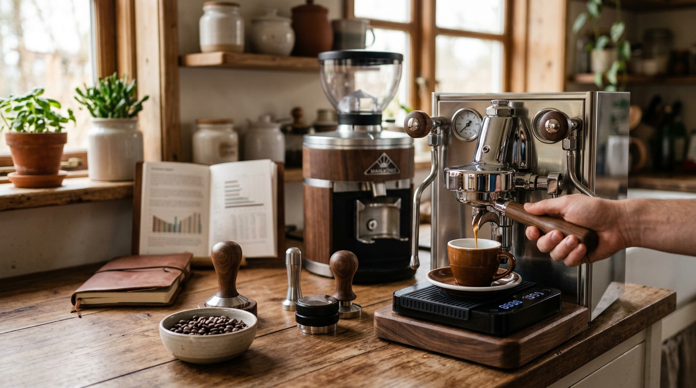 Espresso shot dripping into a glass cup placed on a scale showing output weight in grams