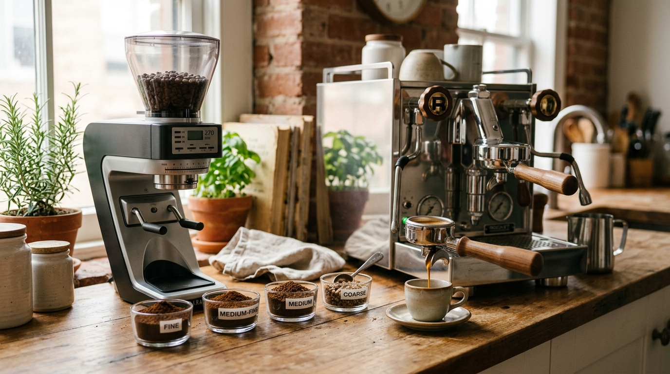 Close-up of espresso grounds on a white surface next to a portafilter and burr grinder