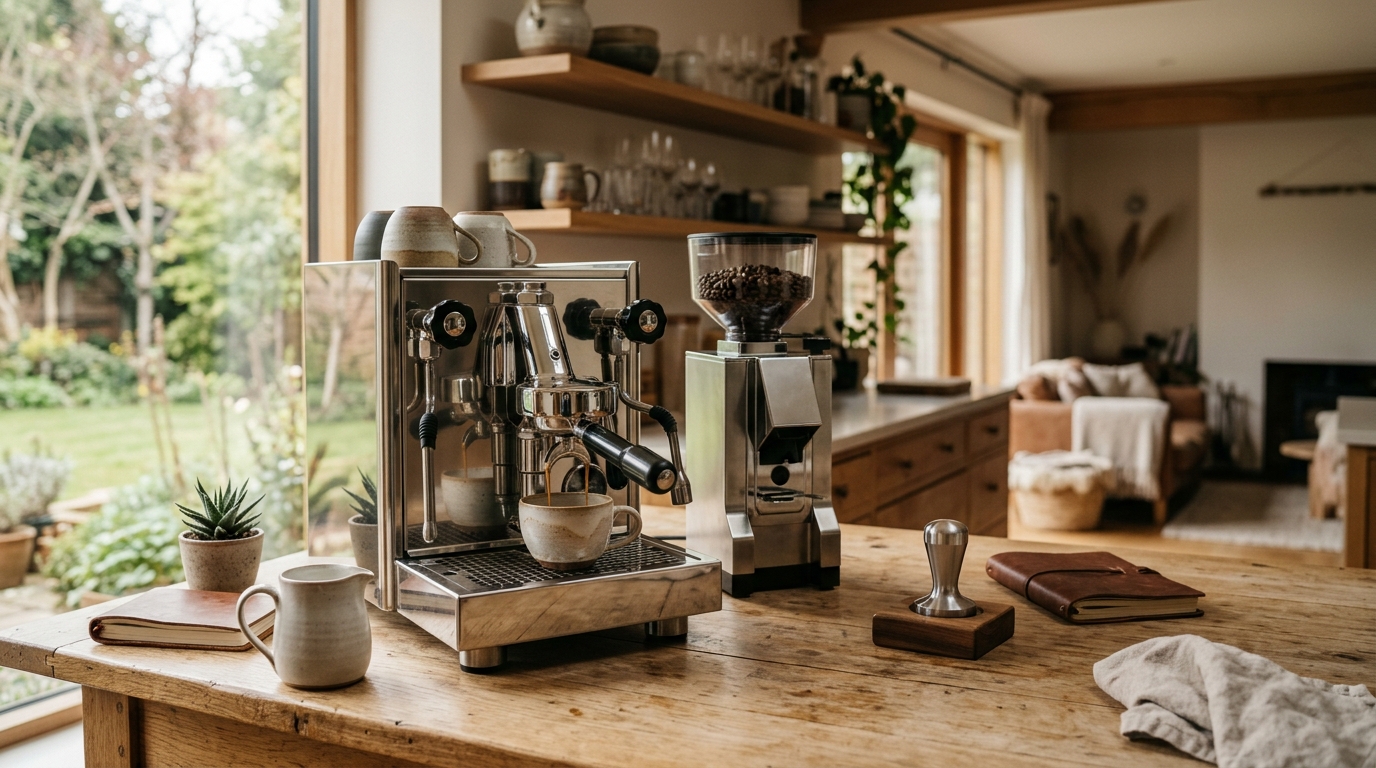 Semi-automatic espresso machine pulling a shot of golden crema espresso on a home kitchen counter beside a small burr grinder