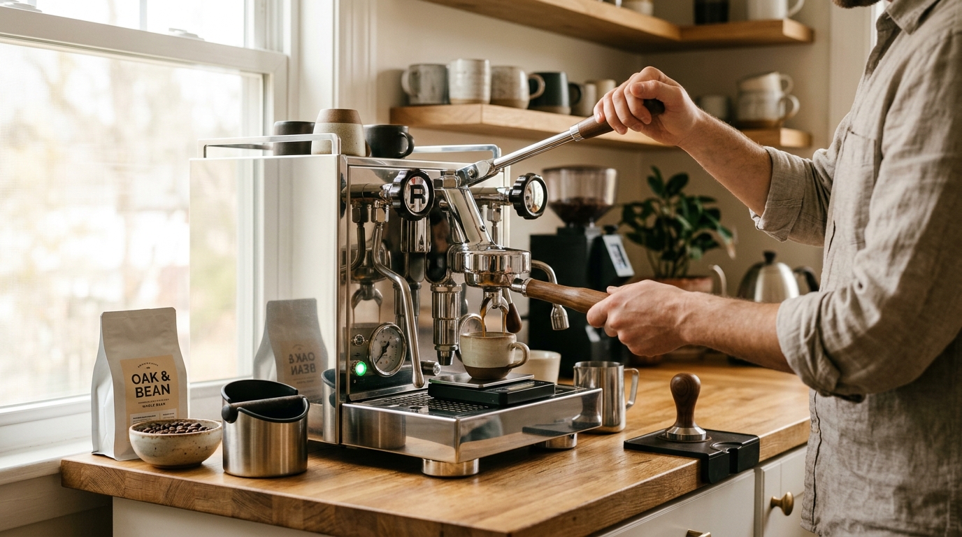 Espresso machine portafilter with pressure gauge showing 9 bar during extraction