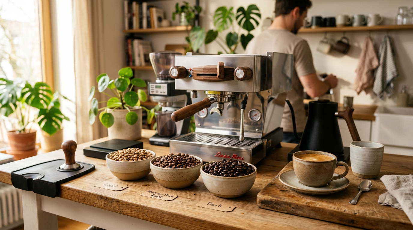 Three rows of coffee beans showing progression from light to medium to dark roast beside a pulled espresso shot