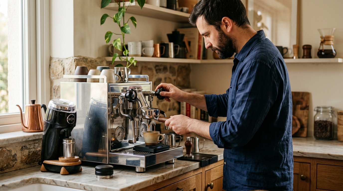 Single boiler espresso machine with portafilter locked in on a kitchen counter next to a digital thermometer