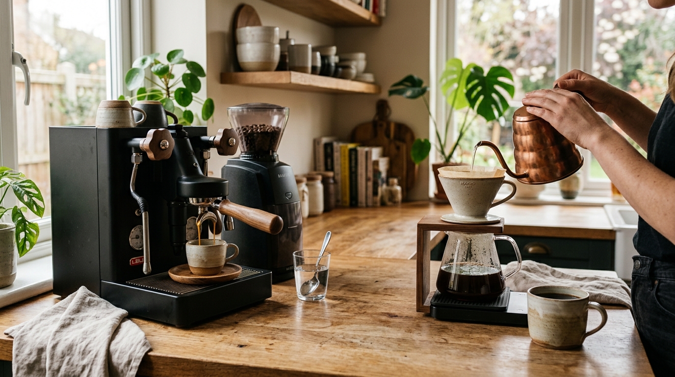Side by side: a small espresso shot glass and a full coffee mug next to a drip machine on a kitchen counter