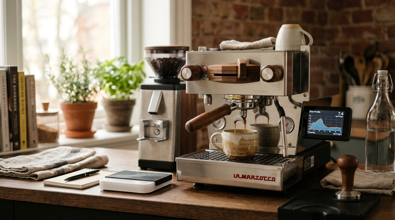 Side view of espresso extracting from a portafilter with a pressure gauge visible on a modern home espresso machine