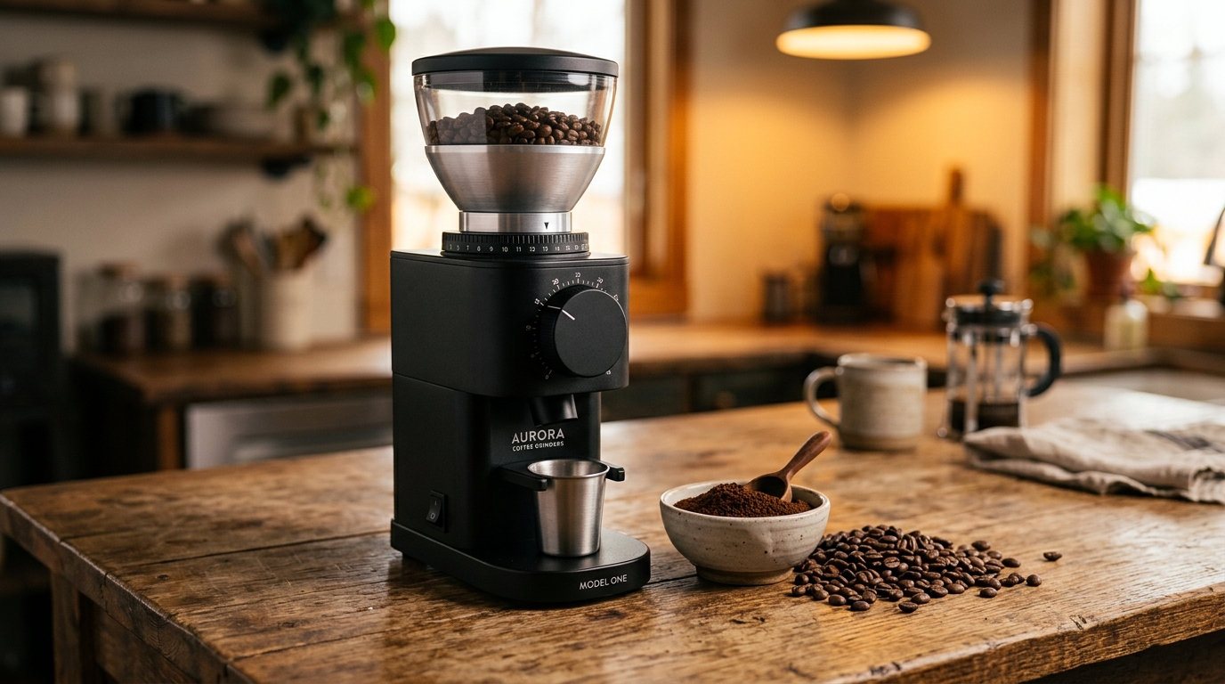 High-end conical burr coffee grinder beside a small bowl of freshly ground espresso coffee on a wood counter