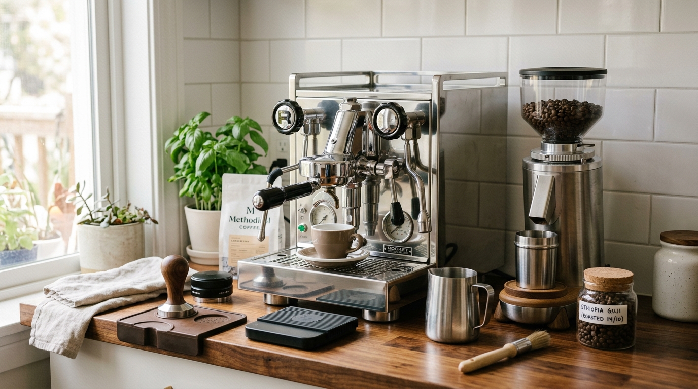 Complete home espresso setup: prosumer machine, grinder, distribution tool, milk pitcher, scale, and fresh beans