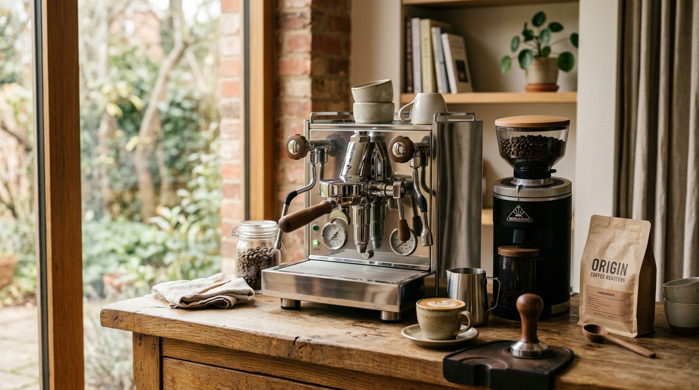 Espresso machine on a kitchen counter next to a grinder and portafilter
