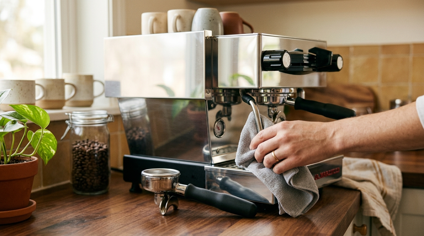 Espresso machine steam wand being wiped clean with a white cloth after steaming milk